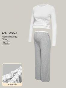 Modmama 2件套孕妇休闲圆领长袖上衣和裤子套装 - 白色 - 查看 1