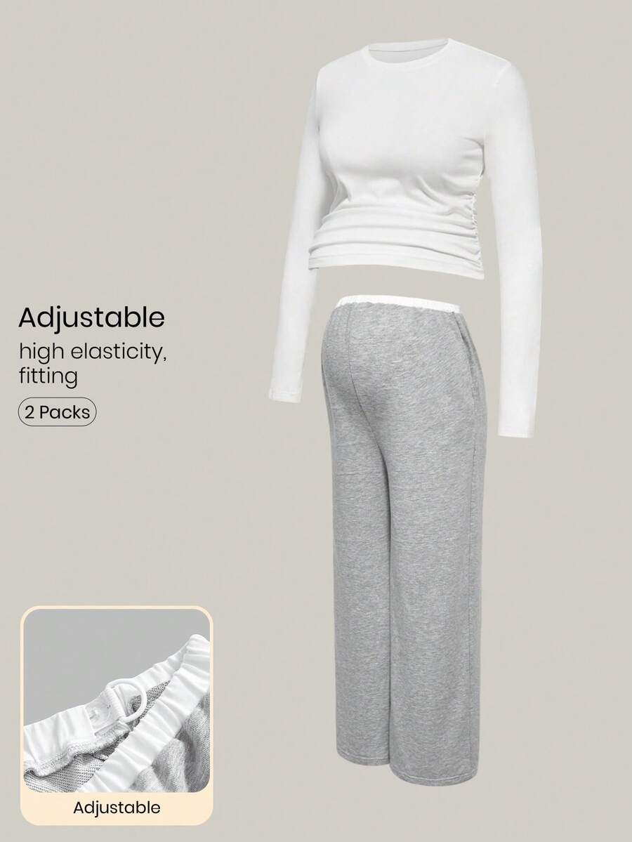 Modmama 2件套孕妇休闲圆领长袖上衣和裤子套装 - 白色 - 查看 1