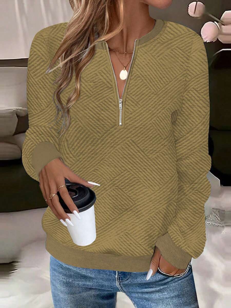 SHEIN LUNE Women's Autumn Sweatshirt, Notch Neck, Long Sleeve, Raglan Sleeve, Ribbed Splice, Zipper Decor, Textured Fabric - Brown - View 1