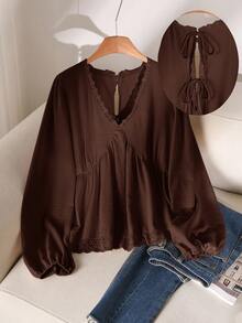 CosyJoli Plus Size Women V-Neck Contrast Lace Tie Back Long Sleeve Loose Blouse Spring - Coffee Brown - View 1
