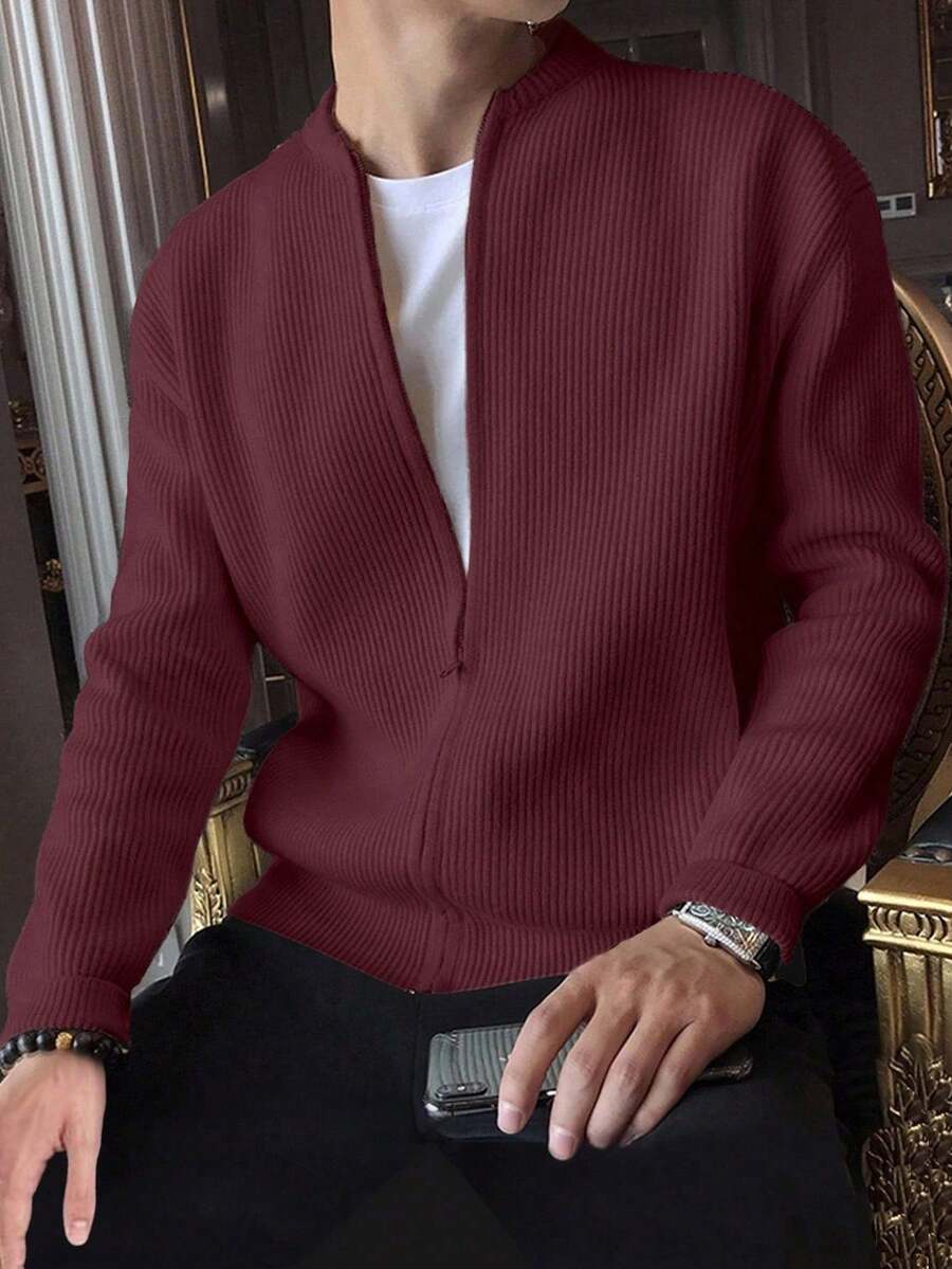 Manfinity Homme Áo khoác cardigan dệt kim dài tay trễ vai màu trơn cho nam - Màu Đỏ Sâu - Xem 1