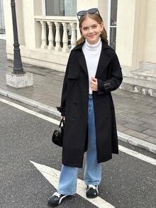 SHEIN Casaco longo folgado com gola dobrável e abotoamento duplo para meninas pré-adolescentes, estilo militar casual, ideal para ir ao trabalho e para atividades ao ar livre, perfeito para a volta às aulas.