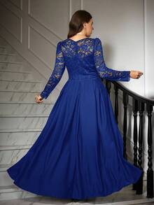 Ellevyn 大码优雅派对纯色蕾丝拼接连衣裙 - 寶藍色 - 查看 7