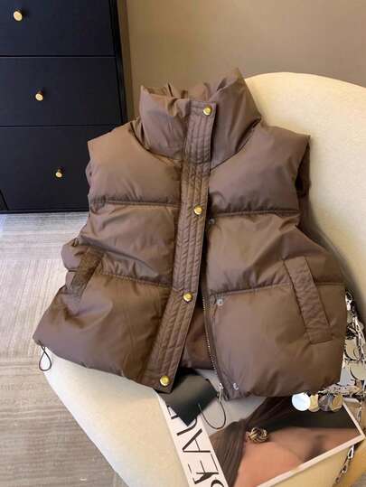 SHEIN Frenchy Women's Casual Warm Zip-Up Stand Collar Padded Coat, Autumn Winter, Women's Winter Coat, Christmas For Women New Year Women's Thanksgiving For Women Brown Tops Women's Winter Brown Coat Women Coats For Women Casual Shacket For Women