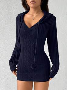 Jeanoix Jeanoir 连帽毛衣连衣裙，休闲女士针织裙 - 藏蓝色 - 查看 6