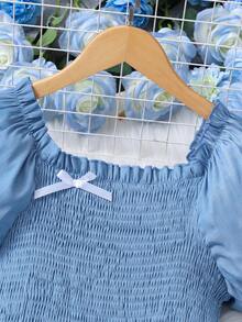 SHEIN Váy hè thường ngày tay bồng màu trơn cho bé gái tuổi teen thắt nơ - Màu xanh nhạt - Xem 3