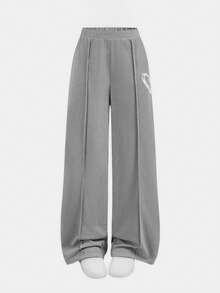 SHEIN Girlism 2件套少女休闲宽松圆领插肩袖印花T恤和褶皱短裤套装，轻薄针织面料，适合日常、返校、度假、户外活动、春季野餐等场合。 - 淺灰色 - 查看 9