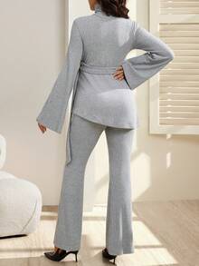 SHEIN 2pcs Maternity High Elastic Ribbed Turtleneck Long Sleeve Top And Pants Set - Grey - View 2