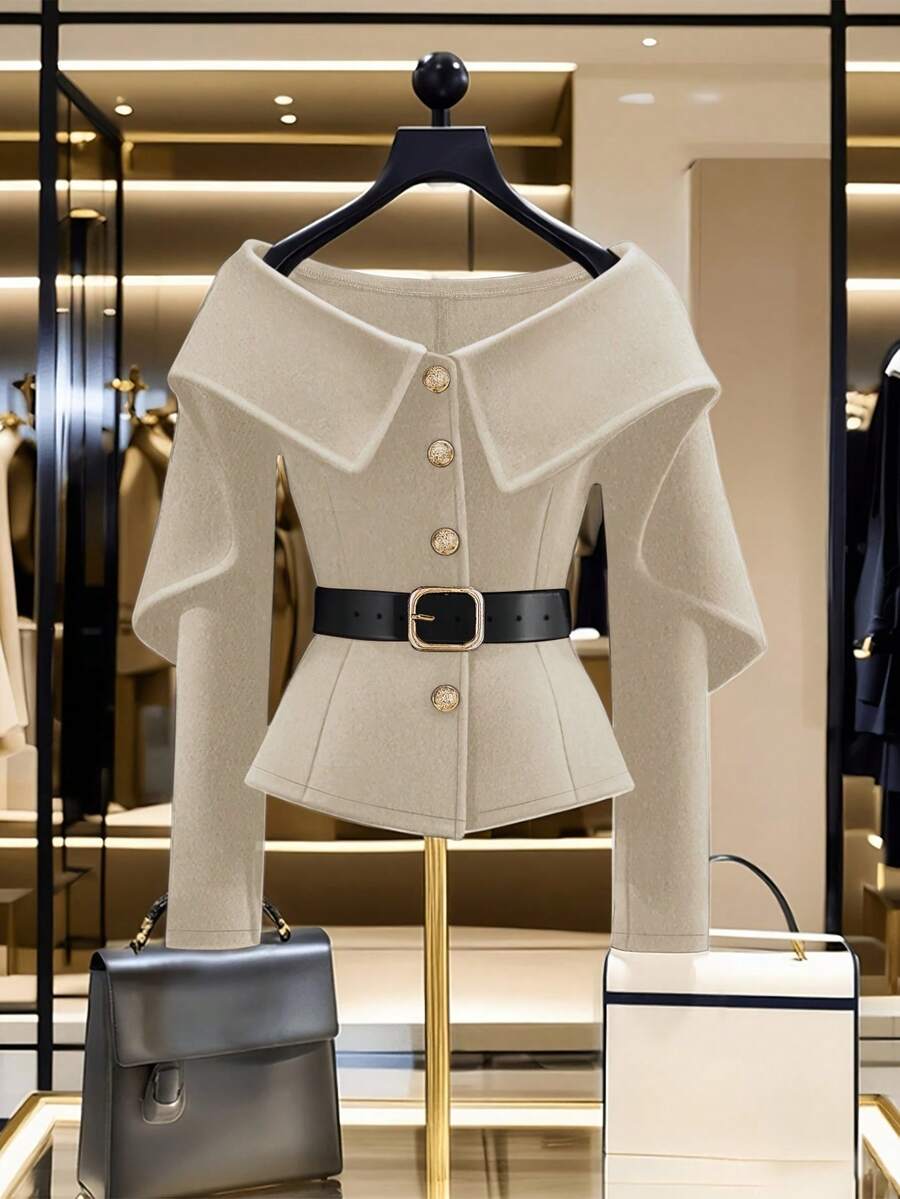 Franclia Women's Wool Blend Ruffle Collar Long Sleeve Short Overcoat, Winter - Apricot - View 1