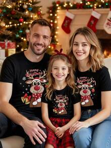 Playera con estampado Reno Navideño, moderna, holgada, cuello redondo, manga corta, ideal para fiestas y uso diario - Negro - Ver 1