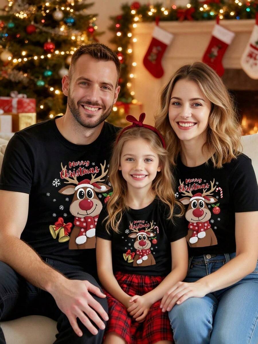 Playera con estampado Reno Navideño, moderna, holgada, cuello redondo, manga corta, ideal para fiestas y uso diario - Negro - Ver 1