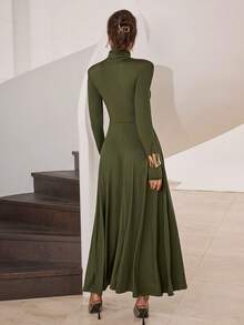 Modelyn Women's Casual Solid Color Turtleneck Long Sleeve Top Dress - Green - View 7