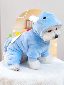 PETSIN 1件宠物服装，猫狗通用连体衣，可爱天使恐龙卡通造型变形连体衣，秋冬加厚保暖连帽衫 - 藍色 - 查看 7