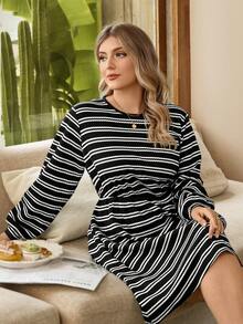 EMERY ROSE Vestido casual de talla grande con cuello redondo, mangas farol y rayas, otoño - Multicolor - Ver 4