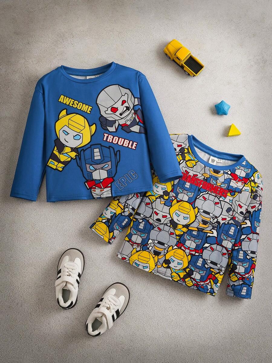 Transformers X SHEIN 2件套 男童可爱字母卡通机器人图案圆领落肩长袖针织休闲T恤 - 彩色 - 查看 1