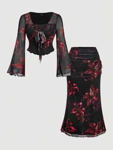 SHEIN MOD 大码女式花卉印花扭花前喇叭袖上衣和鱼尾裙优雅套装，女士秋季服装，秋季女式裙子秋季套装，高挑女装，女士秋季套装，度假装热带花卉两件套 - 彩色 - 查看 9