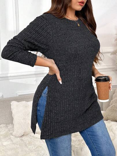 SHEIN Frenchy 大码休闲纯色开衩下摆长袖T恤，秋季款