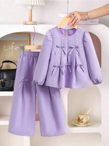 Souflis 2 peças/Conjunto Estilo Francês Vintage Menina Jovem Roxa Laço Decorativo Top + Calça Perna Larga