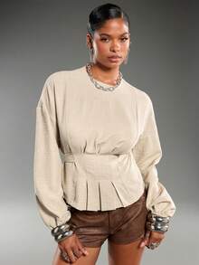 Normani Autumn/Winter New Cinched Waist Long Sleeve Shirt - Apricot - View 5