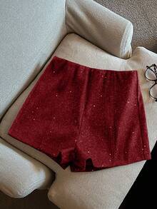 Franclia 时尚优雅闪亮修身羊毛混纺女式短裤 - 酒紅色 - 查看 3