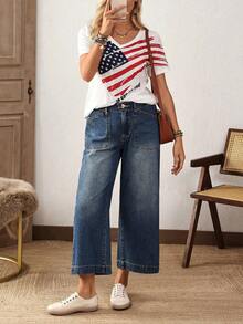 EMERY ROSE Plus Size Casual Washed Vintage Wide Leg Jeans Casual Street Patchwork Pocket Loose Wide Leg Jeans Women Jeans Baggy Loose Jeans