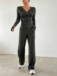 SHEIN EZwear 女款修身連帽衫上衣和直筒褲休閒運動服套裝 - 灰色 - 查看 4