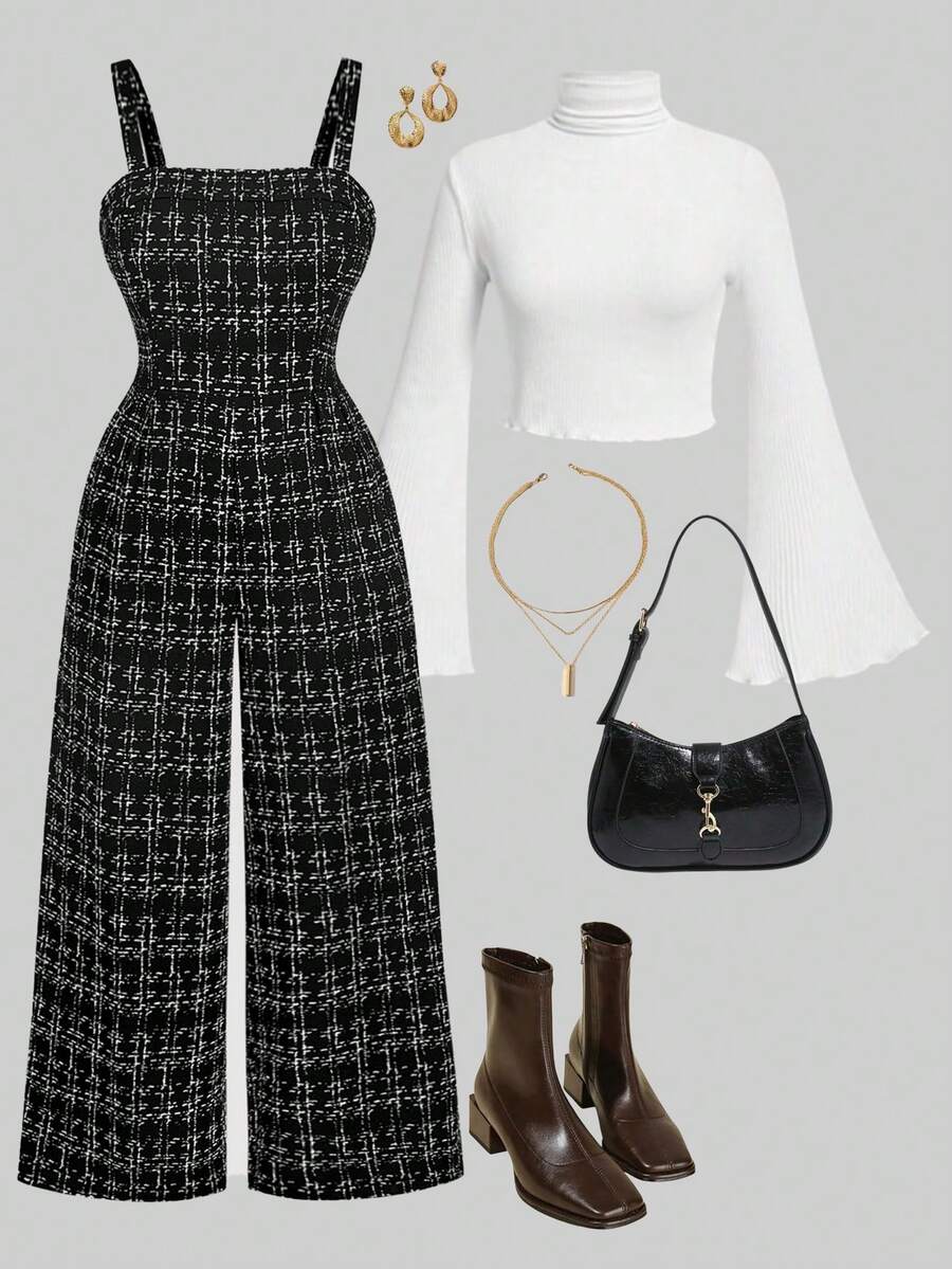 SHEIN MOD Plus Size Black & White Plaid Knit Suspender Pants, Retro College Style/Winter - Black and White - View 1