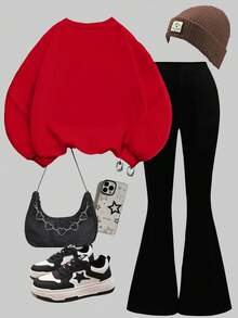 SHEIN Leap Crew 红色，节日圣诞风，可爱闪亮蝴蝶结印花，少女休闲舒适加厚柔软宽松圆领卫衣和喇叭裤两件套，适合秋冬季日常穿着、圣诞节、新年、街头风、居家、度假、校园、街拍等场合。 - 白色 - 查看 2