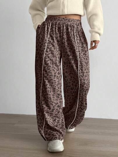 Aidyla 加大码撞色饰边豹纹运动休闲裤