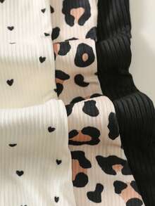 3pcs Baby Girl Valentine's Day Heart & Leopard Print Soft Elastic Waist Knit Leggings Set, Cute Casual Versatile Knit Leopard & Polka Dot Pattern - Multicolor - View 5