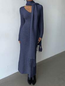 Elenzga Vestido de malha elegante, leve, com decote em V, estilo vintage, simples e confortável, com cachecol de borla, adequado para deslocamentos e passeios no outono/inverno - Azul - Ver 7
