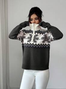 SHEIN Elenzya 优雅女士毛衣，费尔岛图案，撞色拉链毛衣，圣诞图案，秋冬毛衣 - 灰色 - 查看 4