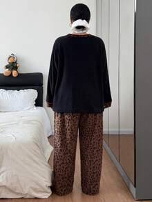 Dream Adore Plus Size Leopard Print Heart Embroidery Long Sleeve Top & Pants Cozy Fluffy Pajama Set, Autumn/Winter - Black - View 2