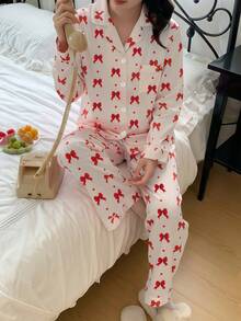 2pcs/Set Teen GirlElegant Plaid Satin Fabric Cardigan & Pants Casual Comfortable Pajamas - Pink - View 4