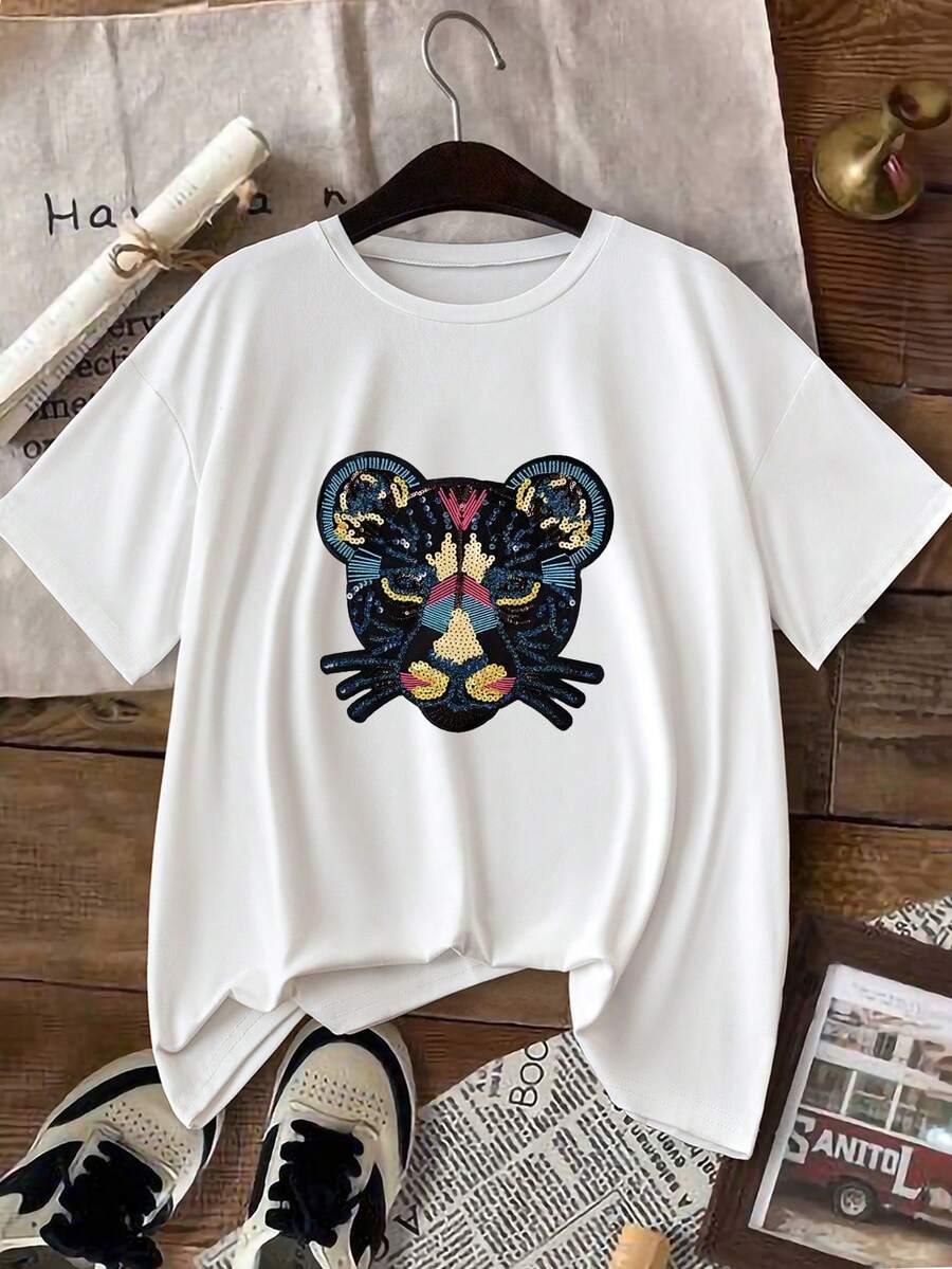 INAWLY Của phụ nữ Mùa hè Đồ họa sư tử in hoa Vòng cổ Ngắn tay Giải trí Áo thun Với Kim sa - trắng - Xem 1