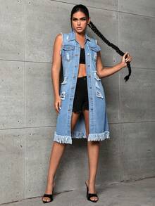 Selenza Ripped Raw Trim Vest Denim Coat