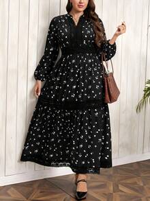 SHEIN LUNE Váy ren họa tiết hoa cỡ lớn, cổ chữ V nhỏ, tay dài, ren, quần áo mùa thu, quần áo trở lại trường, phong cách cổ điển, trang phục công sở cho nữ, sân bay cho nữ, trang phục ngày lễ đơn giản và thời trang, váy boho cho nữ, trang phục ngày lễ thanh lịch, đi làm hàng ngày và ngoài trời, váy dài thon gọn Essentia, váy thanh lịch, váy dự tiệc cưới, váy thanh lịch cho tiệc lễ hội dành cho nữ - màu đen - Xem 9