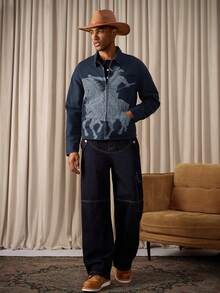 RivetRise Jaqueta Denim de Manga Longa Oversized com Estampa Digital Azul Lavada Premium, Estilo Americano Vintage para Passeio, Trabalho e Cowboy - Azul - Visão 3