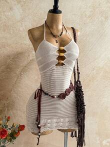 Soleia 性感镂空木珠装饰细肩带无袖针织连衣裙，适合度假、节日、派对、游轮、海滩、音乐节、波西米亚风格 - 米色 - 查看 3