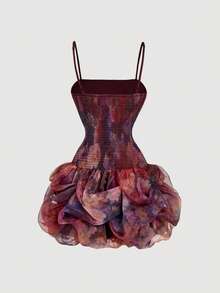 SHEIN MOD Váy ngắn organza nhún bèo họa tiết hoa dành cho nữ - Nhiều màu - Xem 2