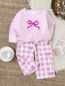 SHEIN 2pcs Baby Girl Infant Toddler Newborn 0-3 Years Old Spring/Summer Casual Daily Versatile Bow Knit Long Sleeve Top + Pants Set, Baby Spring/Summer Outfit - Purple - View 3
