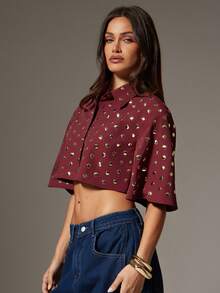 Denimoi Women's Gold Decorative Cropped Long Sleeve Shirt - Burgundy - View 4