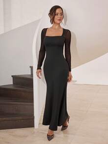 Modelyn Damen Einfarbiges Rückenfreies Langarm Kleid - Schwarz - Übersicht 4