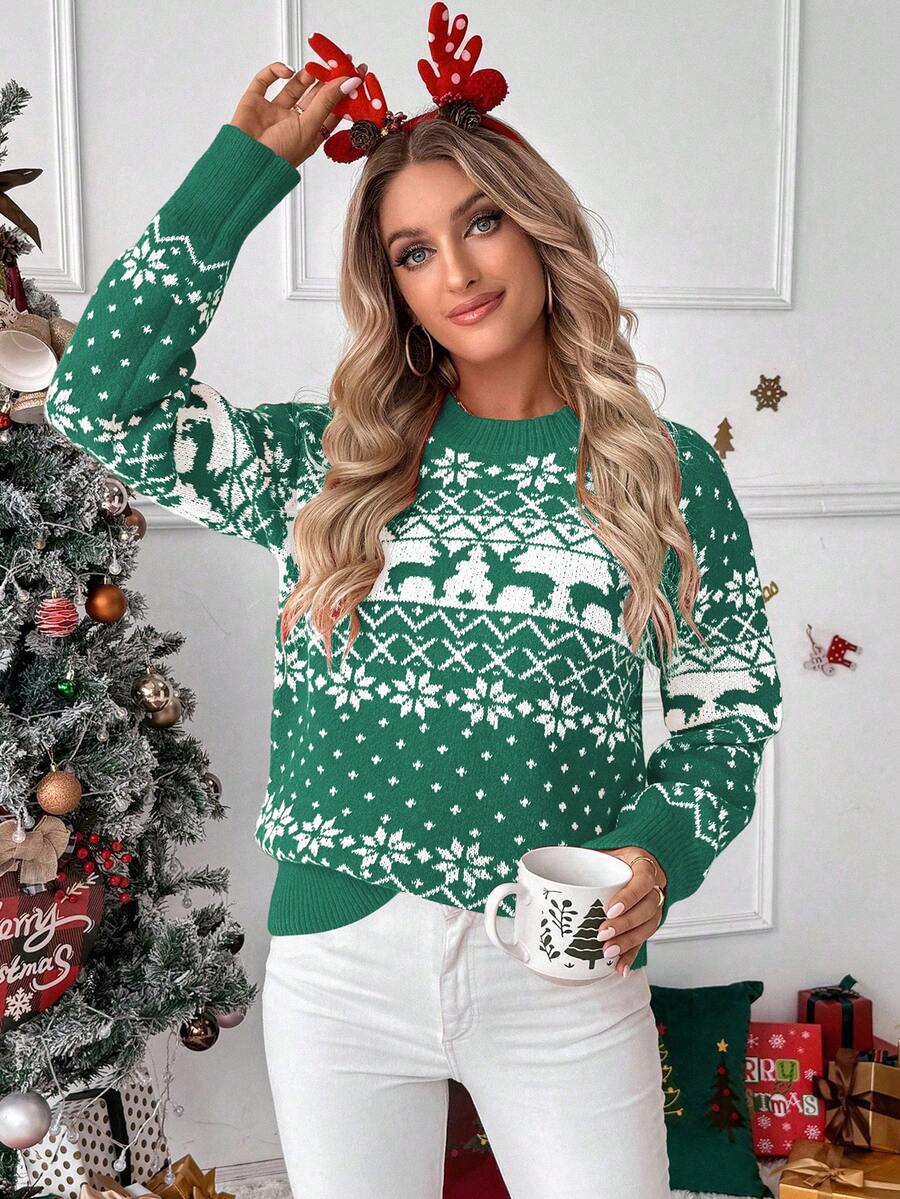 EMERY ROSE Suéter de tricô com ombros caídos, estampa de renas e flocos de neve natalinos, perfeito para o Ano Novo.