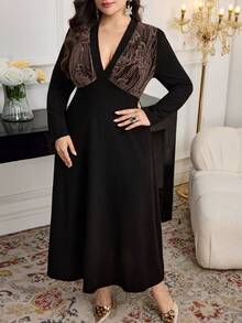 Modelyn 大码优雅提花V领长袖连衣裙，秋季 - 黑色 - 查看 5