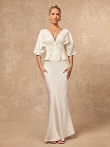 Lumalex Early Spring V-Neck Textured Fabric Cinched Waist Ruffle Hem Exaggerated Design Women Top Luxury NewYearNewLook QuietLuxe Prom Gathering Party Banquet Modest Old Money Coquette Glitter Holiday Party Rave Festival Outing Vacation Hot Outdoor Richly Layered Wedding Season Banquet ID Al-Adha Al-Adha Party New Year Looks Of Party - Apricot - View 2