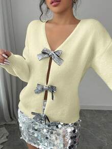 Elenzga Versatile Fashion Party Sequin & Bow Decor Backless Reversible Women Sweater, Autumn/Winter - Yellow - View 3