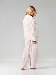 MISSGUIDED Striped Button Up Pajama Set With Small Heart Print Long Sleeve Top And Matching Pants For Lounging - Pink - View 2