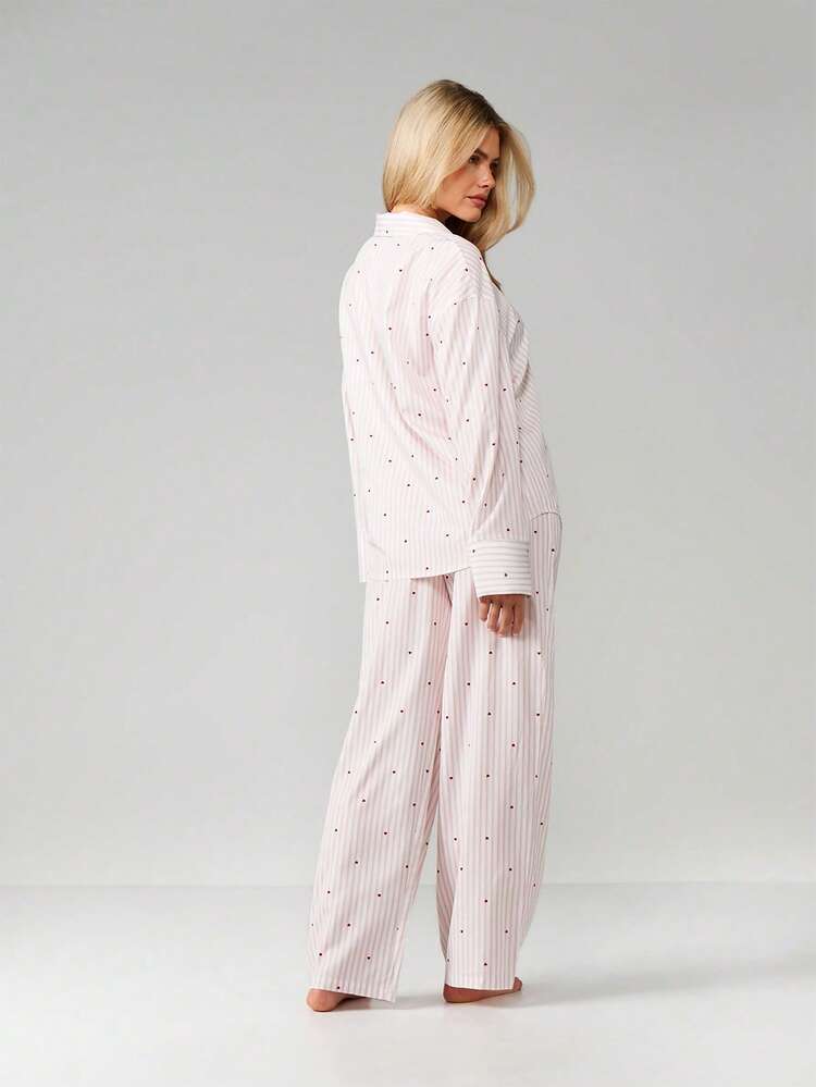 MISSGUIDED Striped Button Up Pajama Set With Small Heart Print Long Sleeve Top And Matching Pants For Lounging