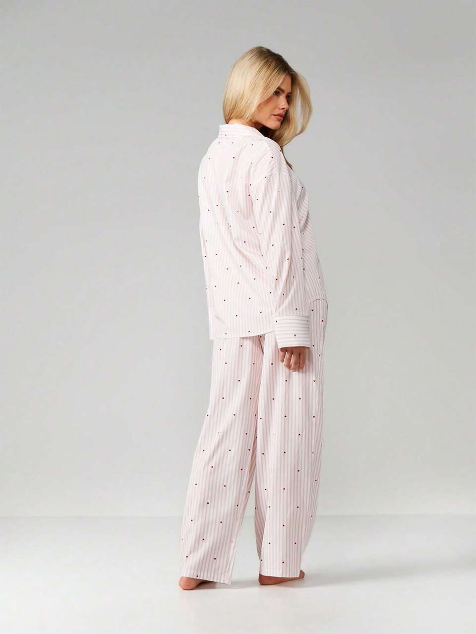 MISSGUIDED Striped Button Up Pajama Set With Small Heart Print Long Sleeve Top And Matching Pants For Lounging